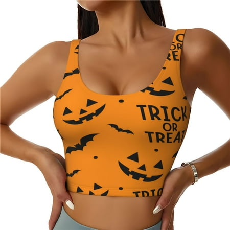 Qokaie Trick Or Treat Pattern Womens Scoop Neck Sports Bra Breathable Workout Vest Padded U Back Medium Impact Fitness Gym Yoga Bra Workout Crop Top-Large