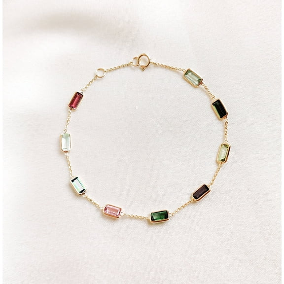 Natural Multi Tourmaline Bracelet, Solid Yellow Gold Bracelet, Dainty Tourmaline Bracelet, Bezel Set Baguette Bracelet, October Birthstone