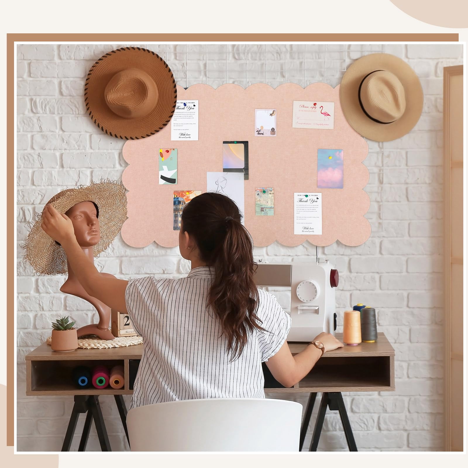 Scalloped Felt Bulletin Board 24 X 18 Inches Foldable Flesh Pink Pin Cork Alternative For Wall  2' 1.5' Trifold Picture Vision Self Adhesive Decorative