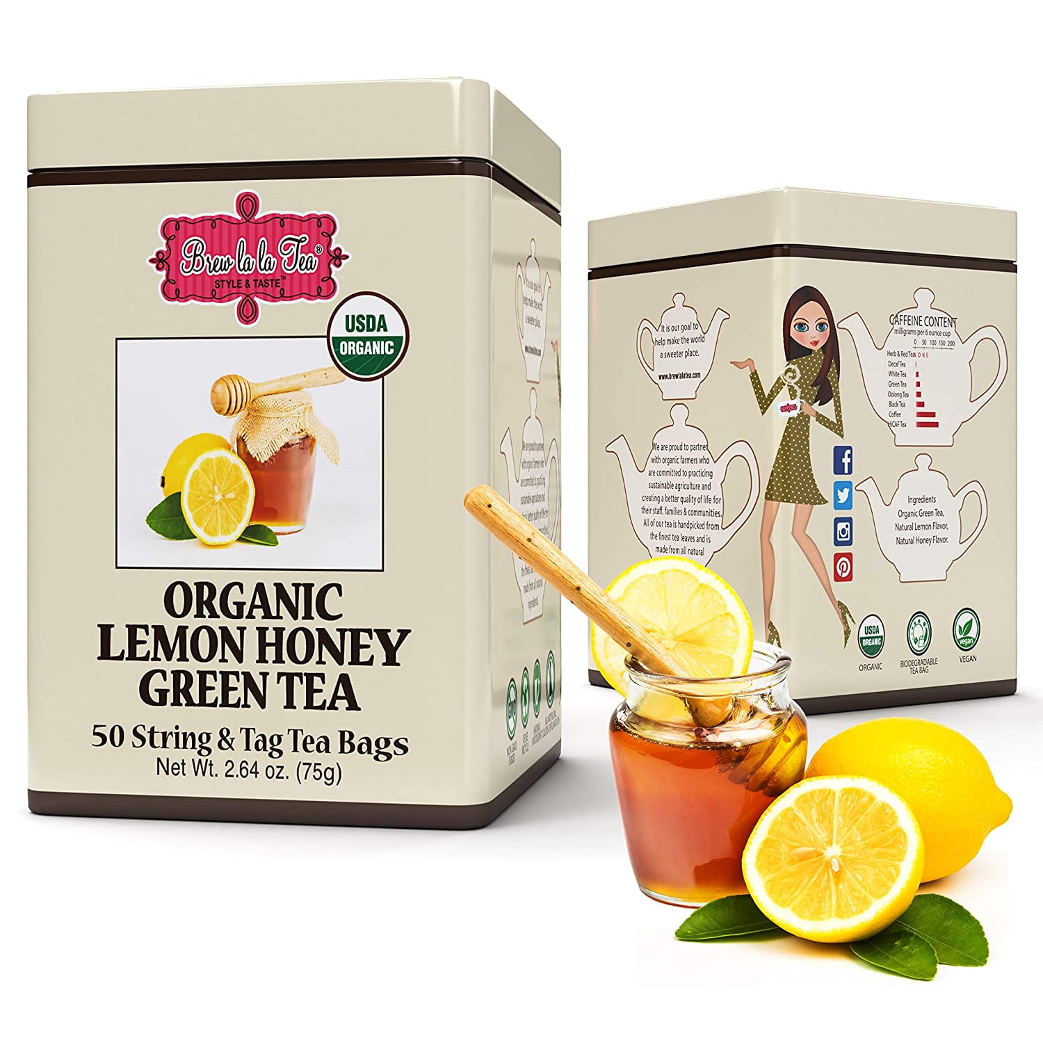 (1 Pack) Brew La La Organic Green Tea Lemon Honey Flavor 50 Tea Bag