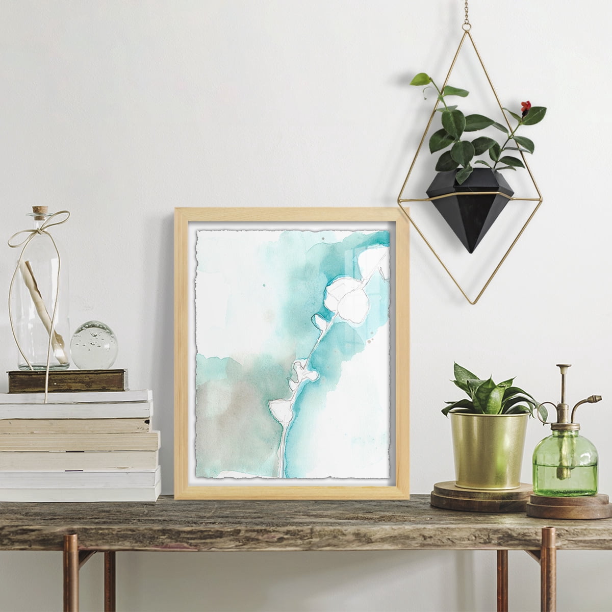 Ginkgo on Dusty Teal VII - Framed Print w/glass - Natural Wood