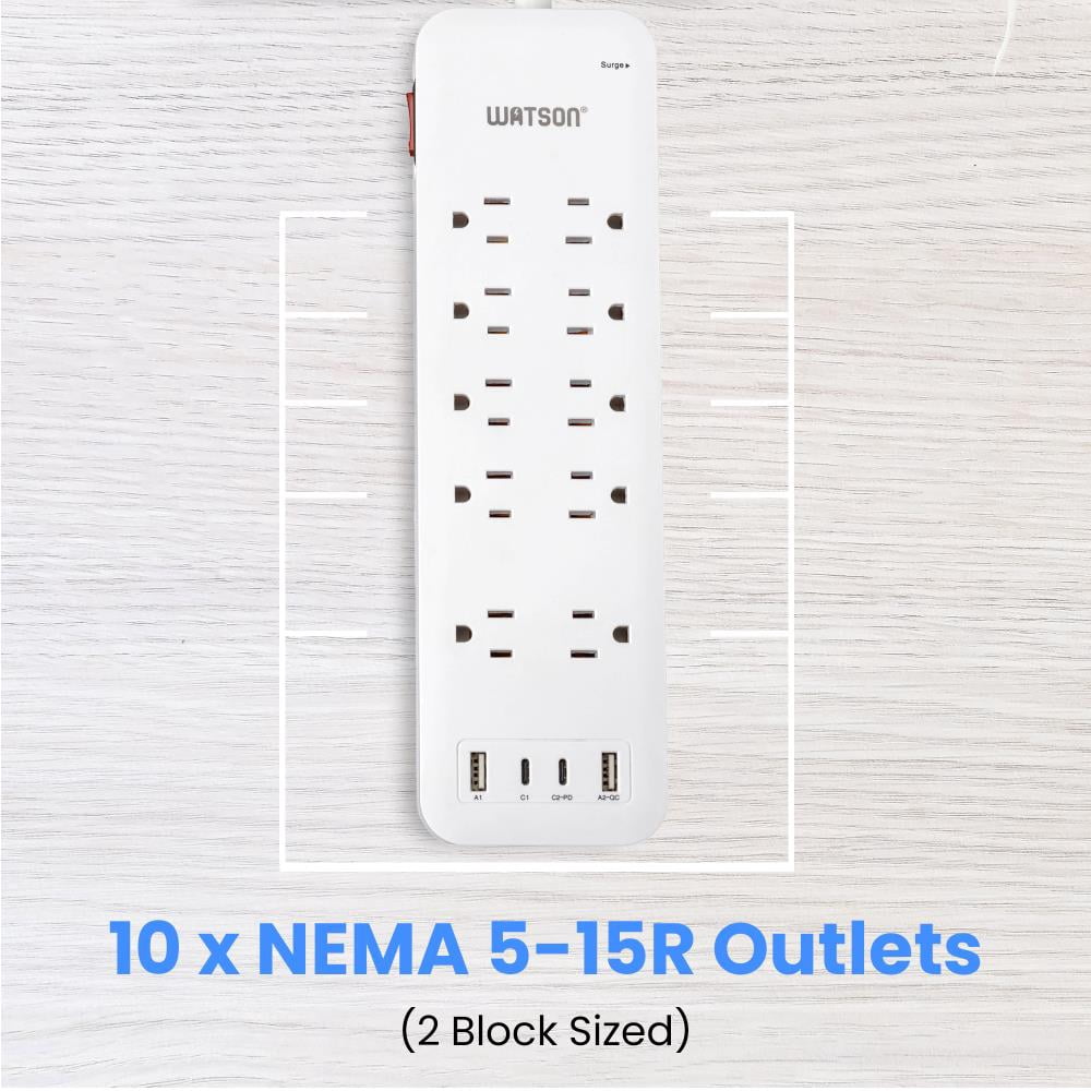 10-Outlet Surge Protector with 2 USB-C & 2 USB-A Ports, 2450 Joules, 6' Cord, LED Indicator – Power Strip for Home and Office Use by Watson(White)