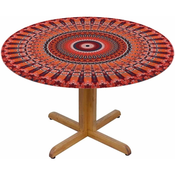 Mandala Round Table Cloth Luxury Ethnic Colorful Tribal Round Boho Floral Elastic Edged Table Cover Fade and Stain Resistant Table Cloths Easy to Clean Fits Tables 40-44" Diameter