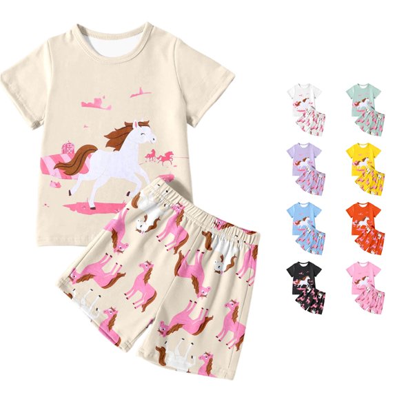 VOUZZA Girls Graphic 2 Piece Shorts Set, Short Sleeve T Shirt and Shorts, Kids Summer Outfit, Toddler Matching Clothes, Spring Summer