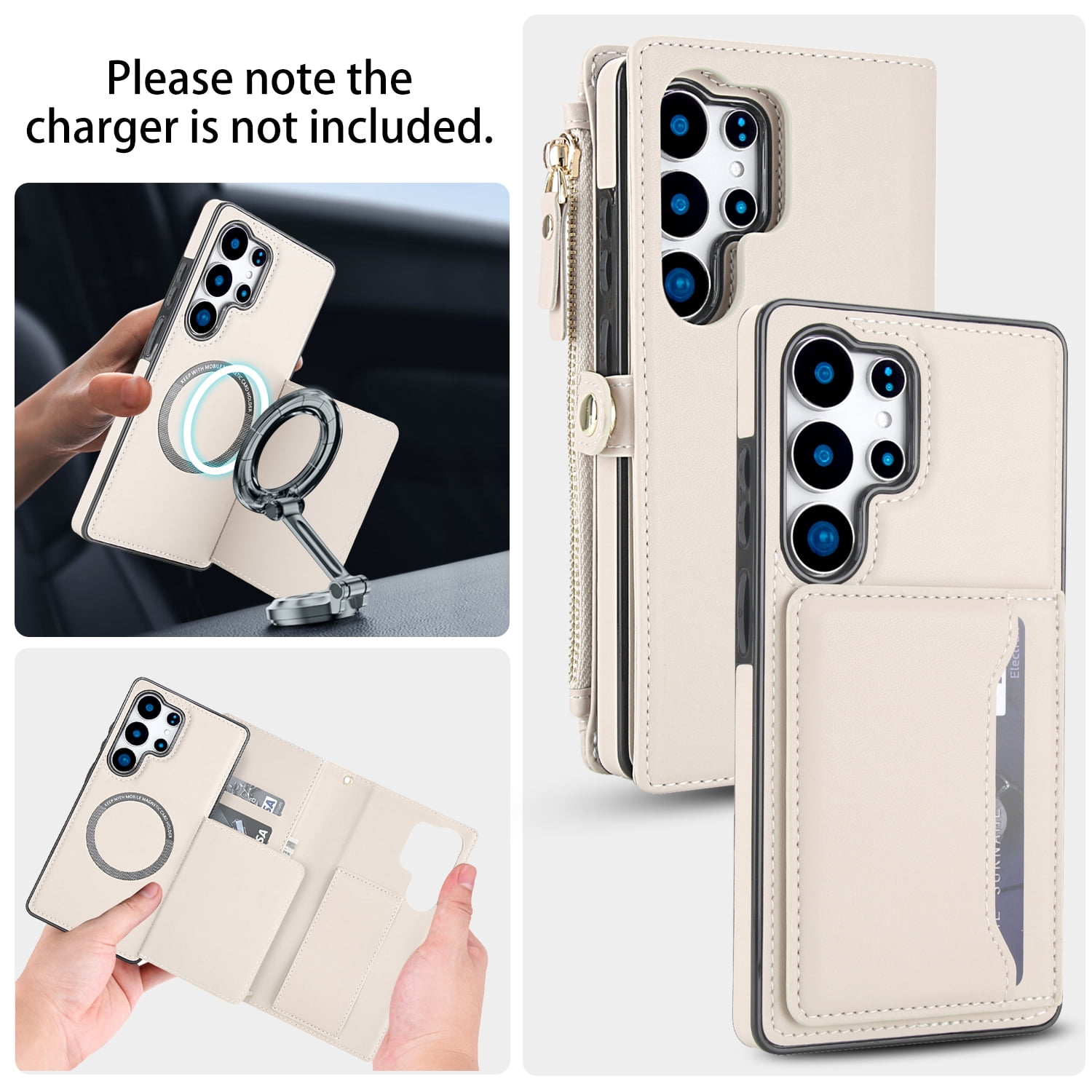 Designed for Samsung Galaxy S24 FE Multi-Function Wallet Phone Case,With Shoulder Strap&Wrist Strap,Cash Pocket&Card Slots,Zipper Purse,Magnetic Detachable PU Leather Flip Phone Case,White