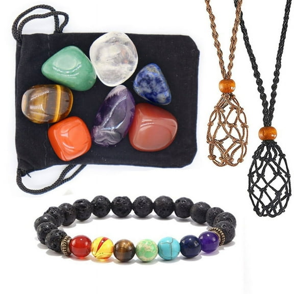 Large Particle Irregular Natural Stone 7 Chakra Healing Crystal Bracelet Set Mesh Pocket Weaving Diy Necklace Pendant