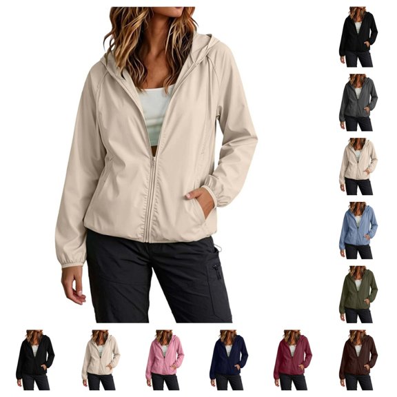 SAWOBUUN Womens Hooded Waterproof Windbreaker Zip Up Jacket Long Sleeve Casual Lightweight Outdoor Coat with Pockets