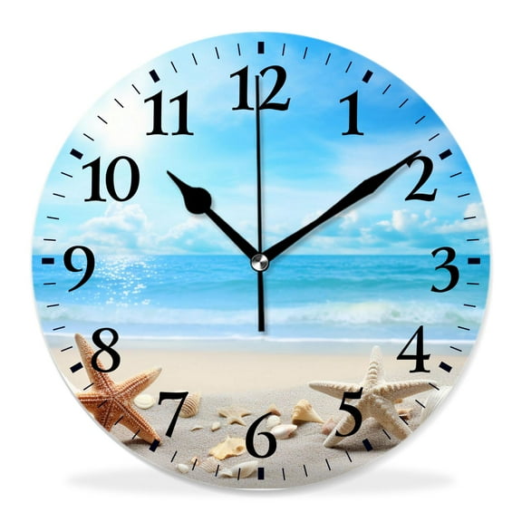 12 Inch Wall Clock Battery Operated Silent Clock Decorative for Office, Kitchen, Outdoor, Living Room，Seashell Starfish Beach Landscape Lovely Pattern