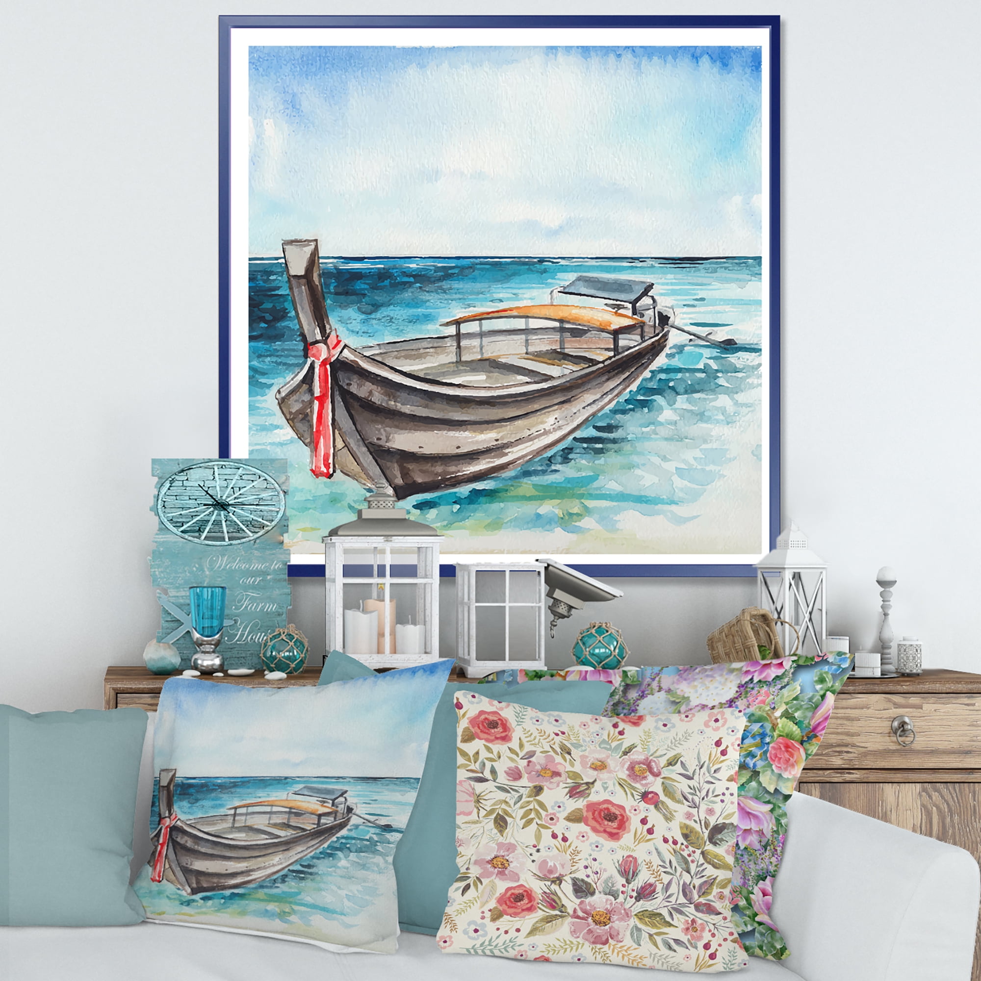 「小さな海岸」绘画 Free Shipping! Designart Little Boat At The Lake Shore