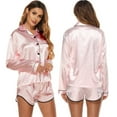 thumbnail image 1 of 2pcs Womens Silk Satin Pajamas Set Button down Floral Pattern Long Sleeve Sleepwear + Short Pants Set Nightwear, 1 of 6