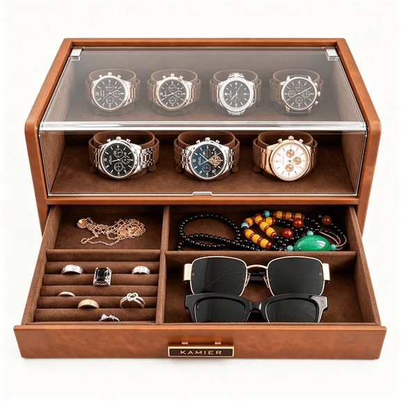 KAMIER 7-Compartment Watch Box, PU Leather Watch Display Case with Glass Lid & Drawer, Multi-Purpose Storage Organizer for Watches, Glasses, and Jewelry, Brown