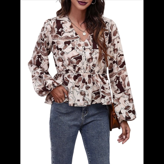 Blusa de Larga para Mujer, Estilo Babydoll, Ligera, de Poliéster, con Cuello en V y Mangas Abullonadas Marrón M