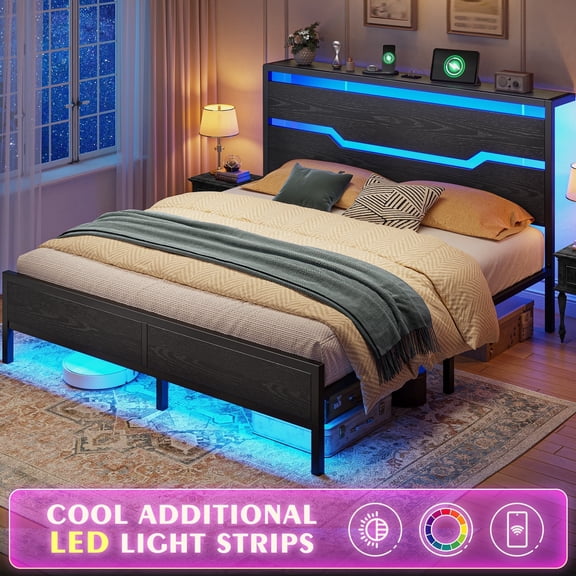 EnHomee Full Bed Frame with Wooden Headboard Metal Platform Bed Frame with Storage Platform Metal Bed with Charge Station & LED Lights & 13" Under-Bed Storage, Black