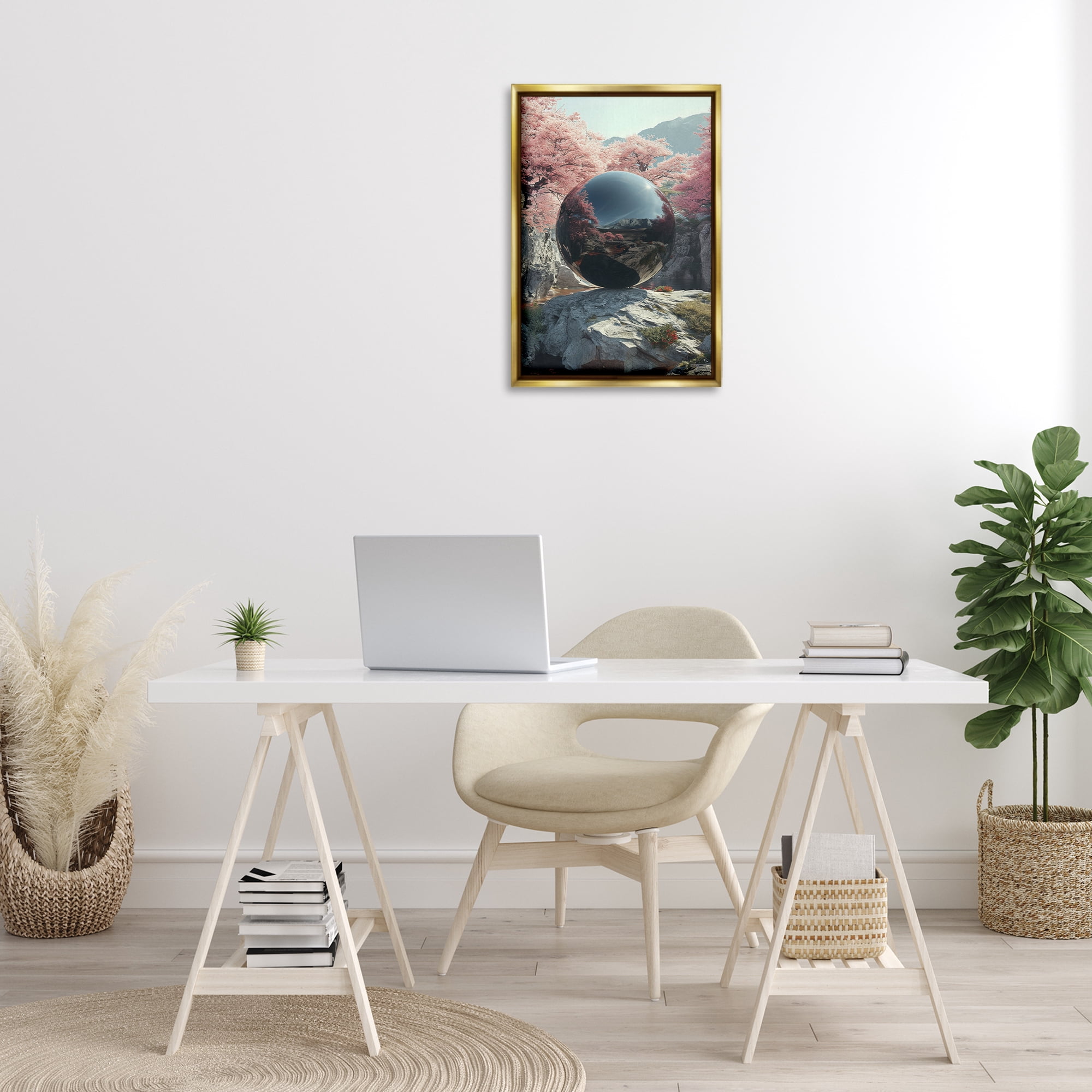 Stupell Industries Surreal Reflective Ball Landscape Painting Gold Floater Framed Art Print Wall Art, 17 x 25