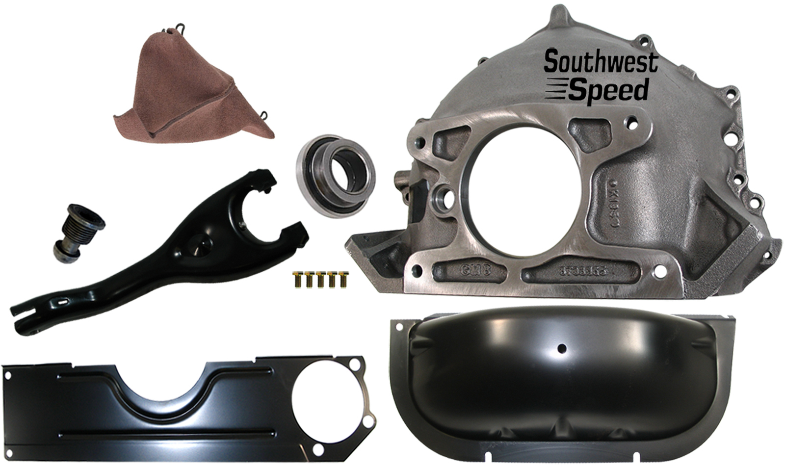 NEW CHEVY 365 BELLHOUSING, INSPECTION & DUST COVERS, CLUTCH FORK & BOOT