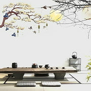 Chinese style wall stickers DIY Chinese painting wall art stickers Removable white flowers, black trees, birds and moon decoration stickers Office bedroom study wall home decoration 63&quo