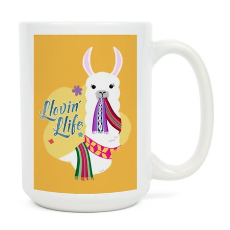 

15 fl oz Ceramic Mug Llovin Llife Llama Yellow Contour Dishwasher & Microwave Safe