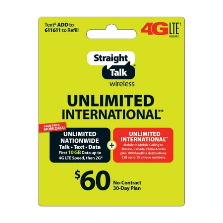 Straight Talk $60 Unlimited International** 30 Day Plan (with up to 10GB of data at high speeds, then 2G*) (Email Delivery)