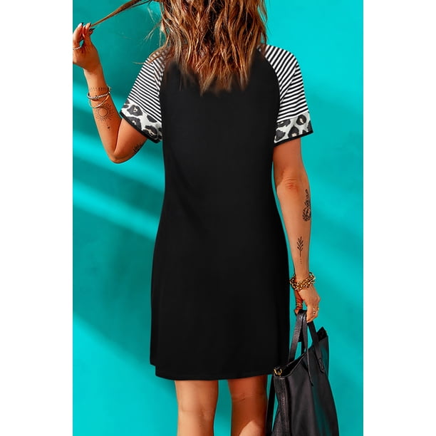ABPHQTO Minivestido de mujer de manga corta con estampado Hello Spring negro a rayas torcidas