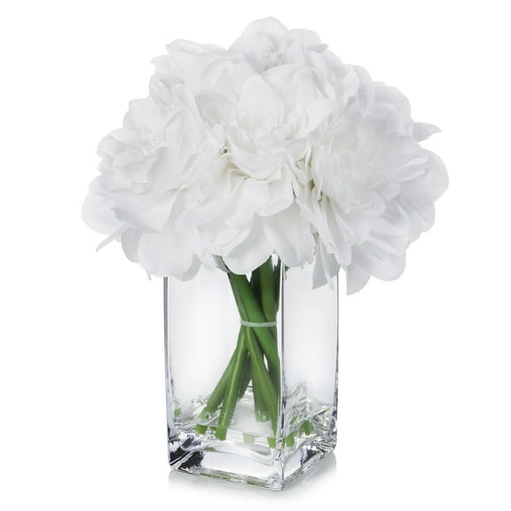 Enova Home Artificial Silk Dahlias Fake Flowers Arrangement in Clear Glass Vase with Faux Water for Home Office Decoration White