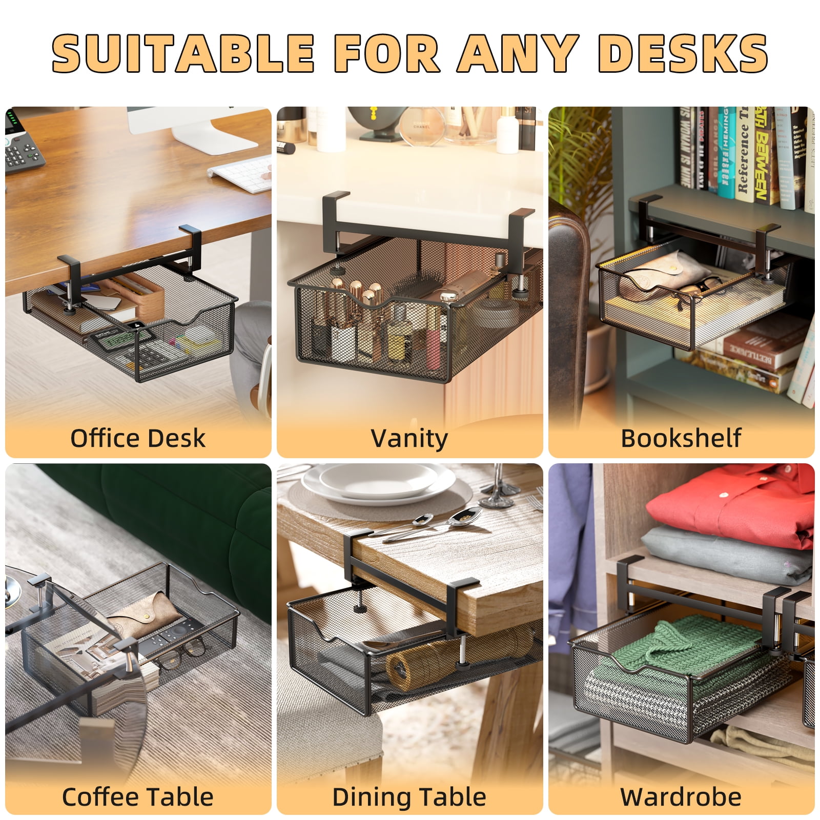 Mintazer Under Desk Organizer Clamp-On Metal Large Under Table Storage Slide Out Caddy Drawer for Home & Office, Black