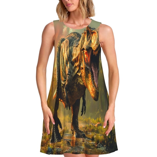 Disketp Realistic Style Forest Dinosaur para Vestido sin Mangas para Mujeres, Vestidos de Verano para Mujeres, Casual y Holgado para la Playa