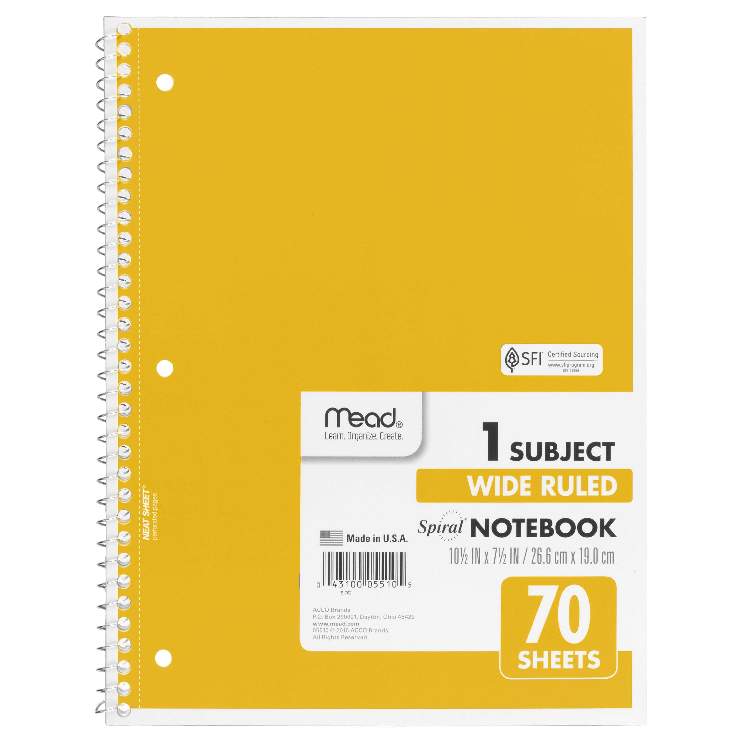 Mead Spiral Notebook, 1 Subject, Wide Ruled, Yellow (72205