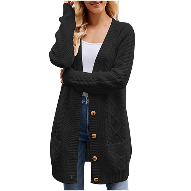 Yuyuzo Womens Long Cardigans Chunky Cable Knit Sweaters Button down Open Front Outerwear with Pockets