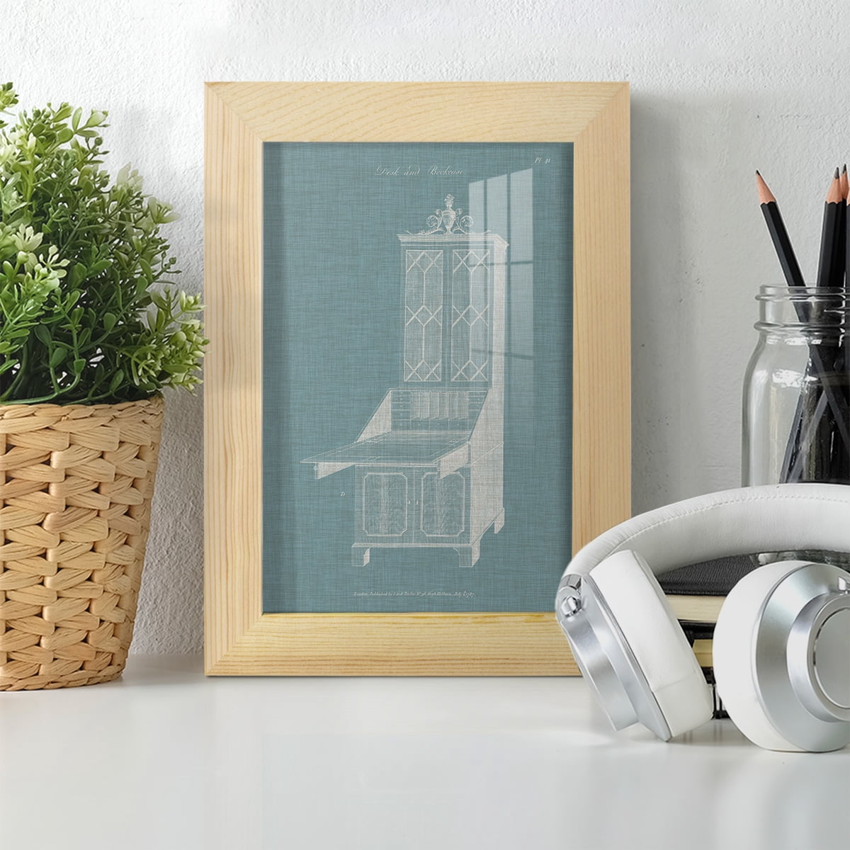 Hepplewhite Desk & Bookcase IV - Framed Print w/glass - Natural Wood