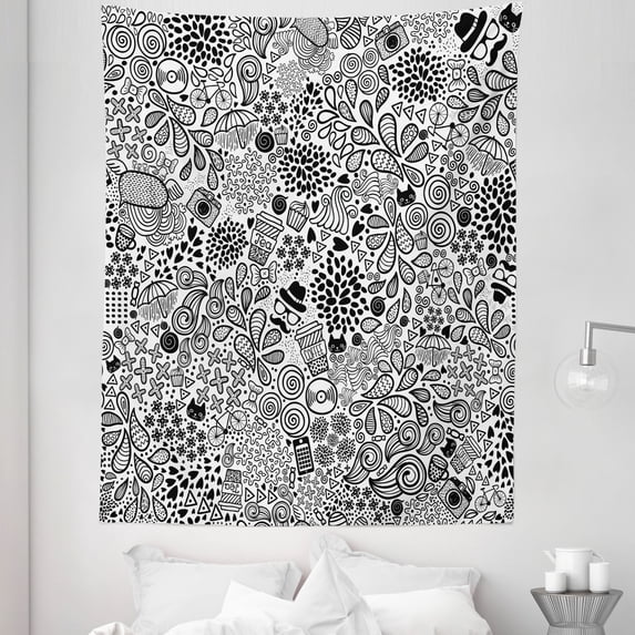 Foliage Tapestry, Hipster Inspired Abstract Drawing Cupcake Tea Umbrella Leaves and Many Other Shape, Fabric Wall Hanging Decor for Bedroom Living Room Dorm, 5 Sizes, Black White, by Ambesonne