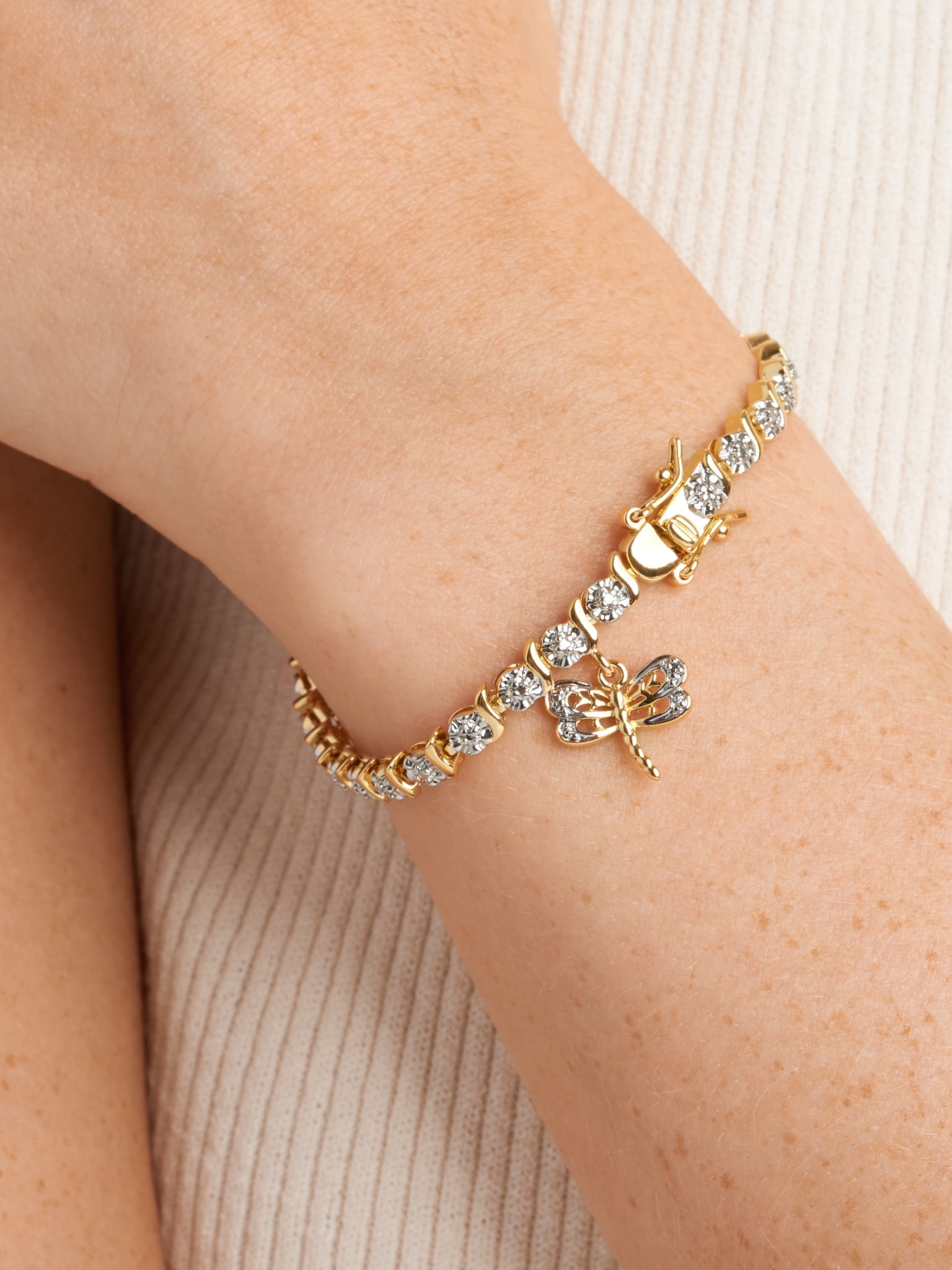 18K Yellow Gold Plated Diamond Accent Dragonfly Charm Tennis Bracelet, 7.25"