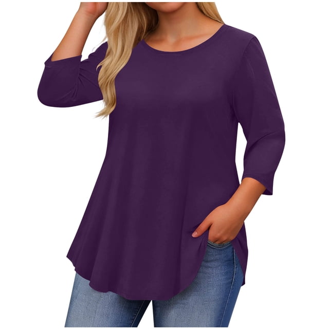 Hauts Grande Taille pour Femmes Manches 3/4 Col Rond Coupe Ample T-Shirt Décontracté