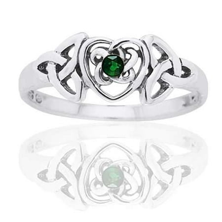Birthstone Trinity Knot - May Birthstone Ring - Sterling Silver Simulated Emerald Glass Celtic Trinity Knot Heart