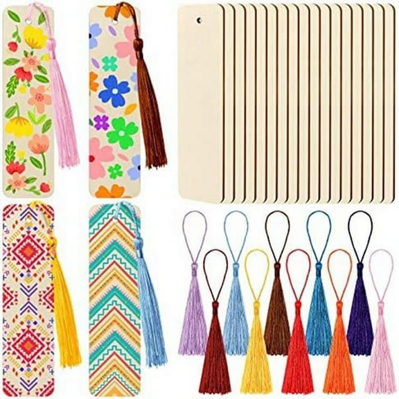 100Pieces Unfinished Wood Bookmark with Colorful Tassels 4.8 x 1.3 Inch Wooden Bookmark Wooden for DIY Projects Christma