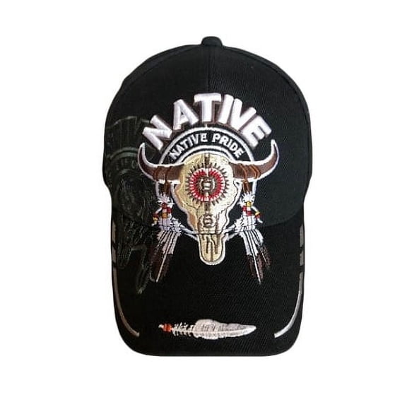 Bull Head & Feathers Native Pride Baseball Caps - Black Color Uni-Sex Style -- FREE USA Shipping-- (CapNp668b)