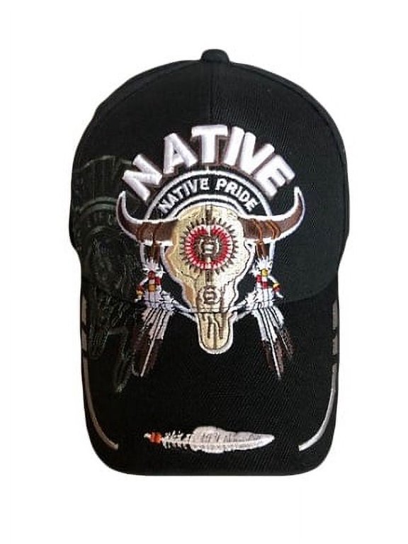 Bull Head & Feathers Native Pride Baseball Caps - Black Color Uni-Sex Style -- FREE USA Shipping-- (CapNp668b)