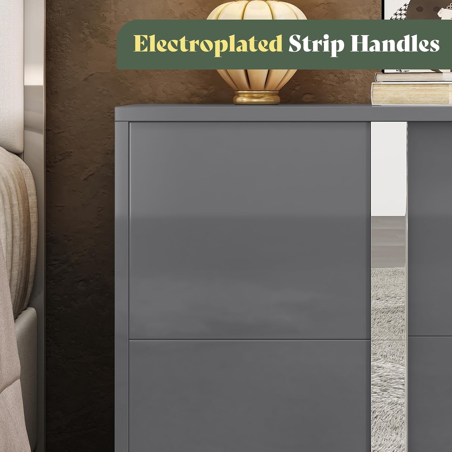VanAcc Nightstand Set of 2 with Drawers & High Gloss UV Finish,Storage End Tables for Bedroom,Grey