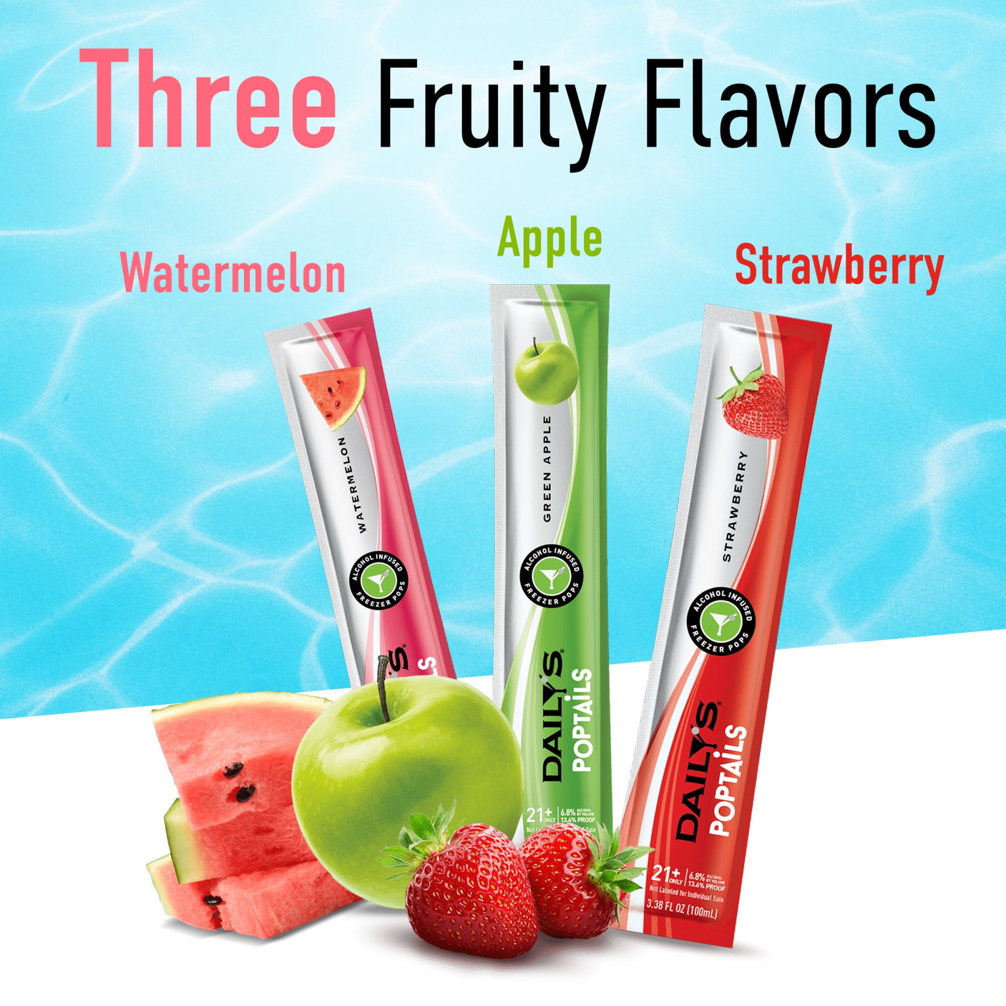 Daily's Poptails Alcohol Infused Freezer Pops Variety Pack, Strawberry, Green Apple and Watermelon, 12 Count