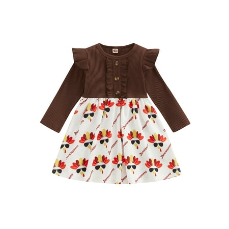 

Kids Girl Thanksgiving Day Turkey Print Dress Casual Ruffled Long Sleeves Patchwork Party Princess Dress