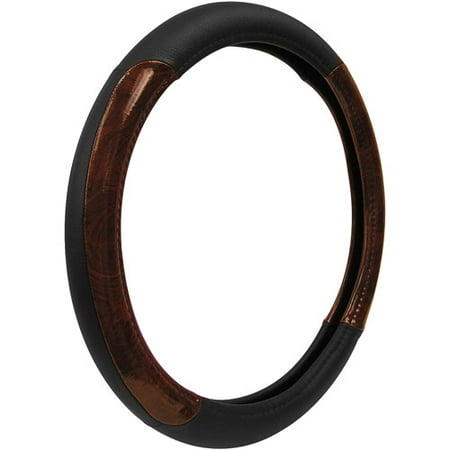Custom Accessories Genuine Leather Steering Wheel Cover, Black/Wood Grain