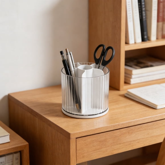 Boîte de Rangement de Bureau Rotative - Organiseur Multi-Compartiments pour Pinceaux de Maquillage, Stylos et Cosmétiques -, Blanc, JKODE