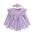 thumbnail image 2 of Baby Onesies Unisex Infant Girls Long Sleeve Floral Lace Bodysuit Dress with Headband Baby Boy Romper Purple 3-6 Months, 2 of 6