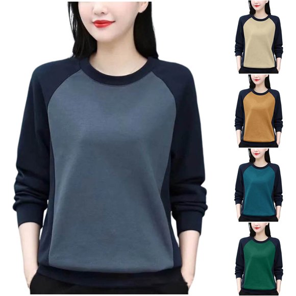 Sentmoon Womens Trendy Tops Crew Neck Long Sleeve Womens Clothing Loose Color Block Winter Thick Warm Inner Wear Women's Blouses Active for Business Casual Green XXL