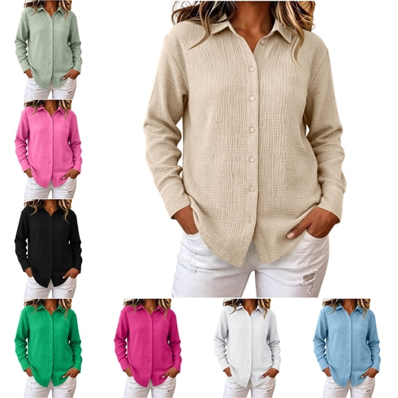 FAHUOMU Womens Shirt Long Sleeve Button Down Collared Blouses Loose Fit Dressy Casual Spring Fall Basic Tops