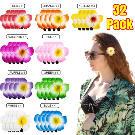 36 PCS Hawaiian Flower Hair Clips Plumeria Foam Hair Clips Artificial Frangipani Tropical Flower Hairpin for Bridal Wedding Luau Beach Tropical Vacation Party Decorations( 1.97 inch)