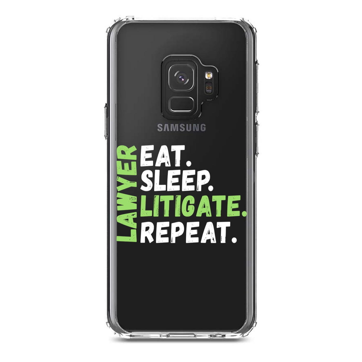 DistinctInk Clear Shockproof Hybrid Case for Samsung Galaxy S9 (5.8" Screen) - TPU Bumper Acrylic Back Tempered Glass Screen Protector - Lawyer Eat Sleep Litigate Repeat
