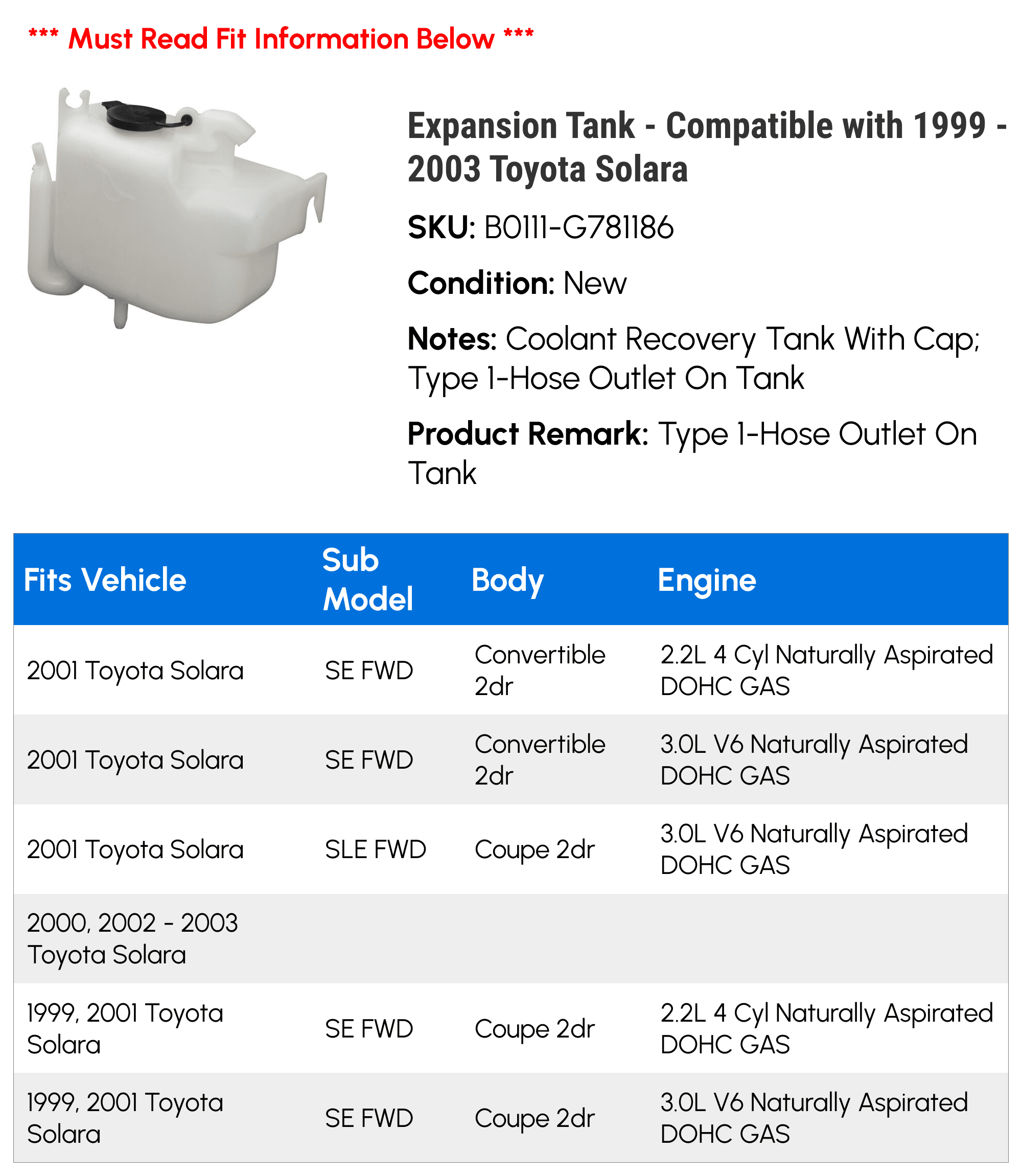 Expansion Tank - Compatible with 1999 - 2003 Toyota Solara 2000 2001 2002