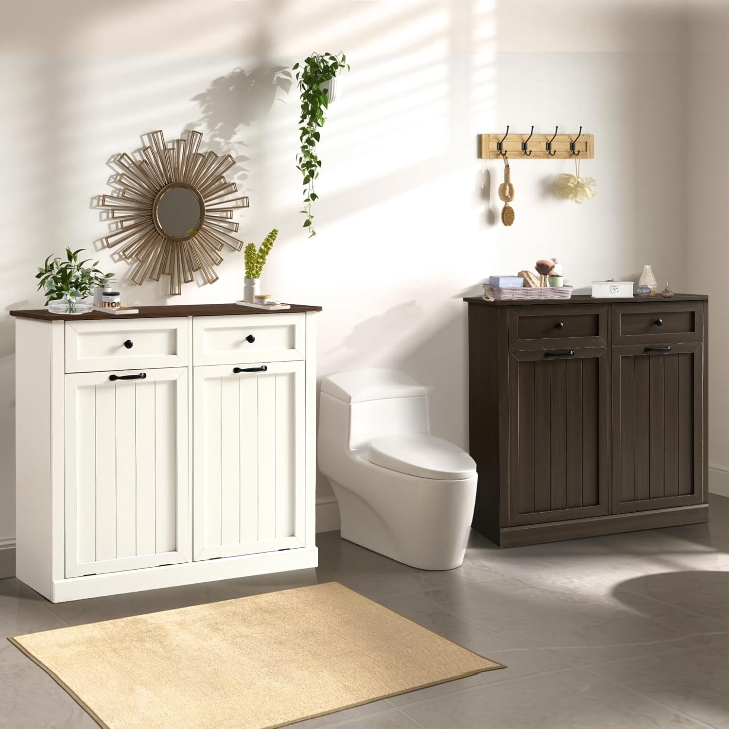 Magic Union Tilt Out Laundry Hamper Cabinets, 22 Gallon Double Hidden Laundry Hampers, Wooden Trash Can Cabinet W/2 Drawers, Farmhouse Garbage Can for Bathroom, Living Room, Kitchen
