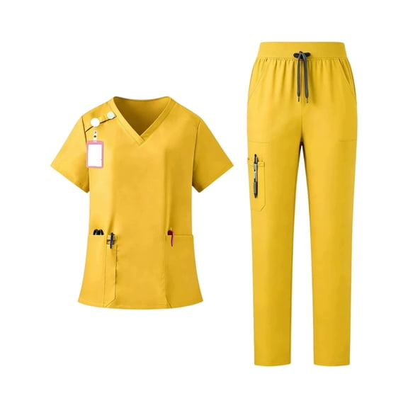 Dresfit Womens Scrub Sets V Neck Short Sleeve Scrub Tops Matching Drawstring Wide Leg Scrub Pants 2 Piece Sets Breathable Stretch Workwear M
