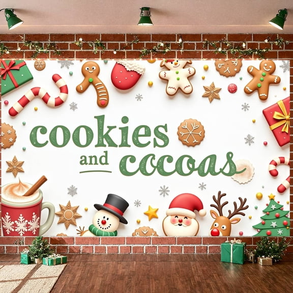 Festive Cookies Cocoa Banner Snowflake Christmas Display Snowman Reindeer Holiday Backdrop for Christmas Party Winter Gathering Holiday Celebration